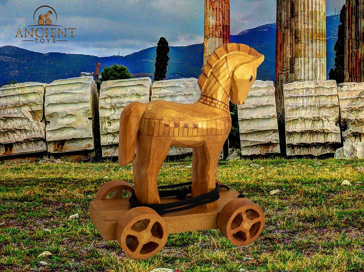 Johnny World - Ancient Toys - Wooden Trojan Horse Pull Toy with Hardcover Book! Teach Children About History Through Interactive Play