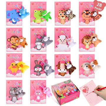 FUN LITTLE TOYS Valentine’s Day Cards for Kids Classroom, 28 Pack Mini Plush Animals with Valentine Cards, Valentines Gifts for Student Exchange
