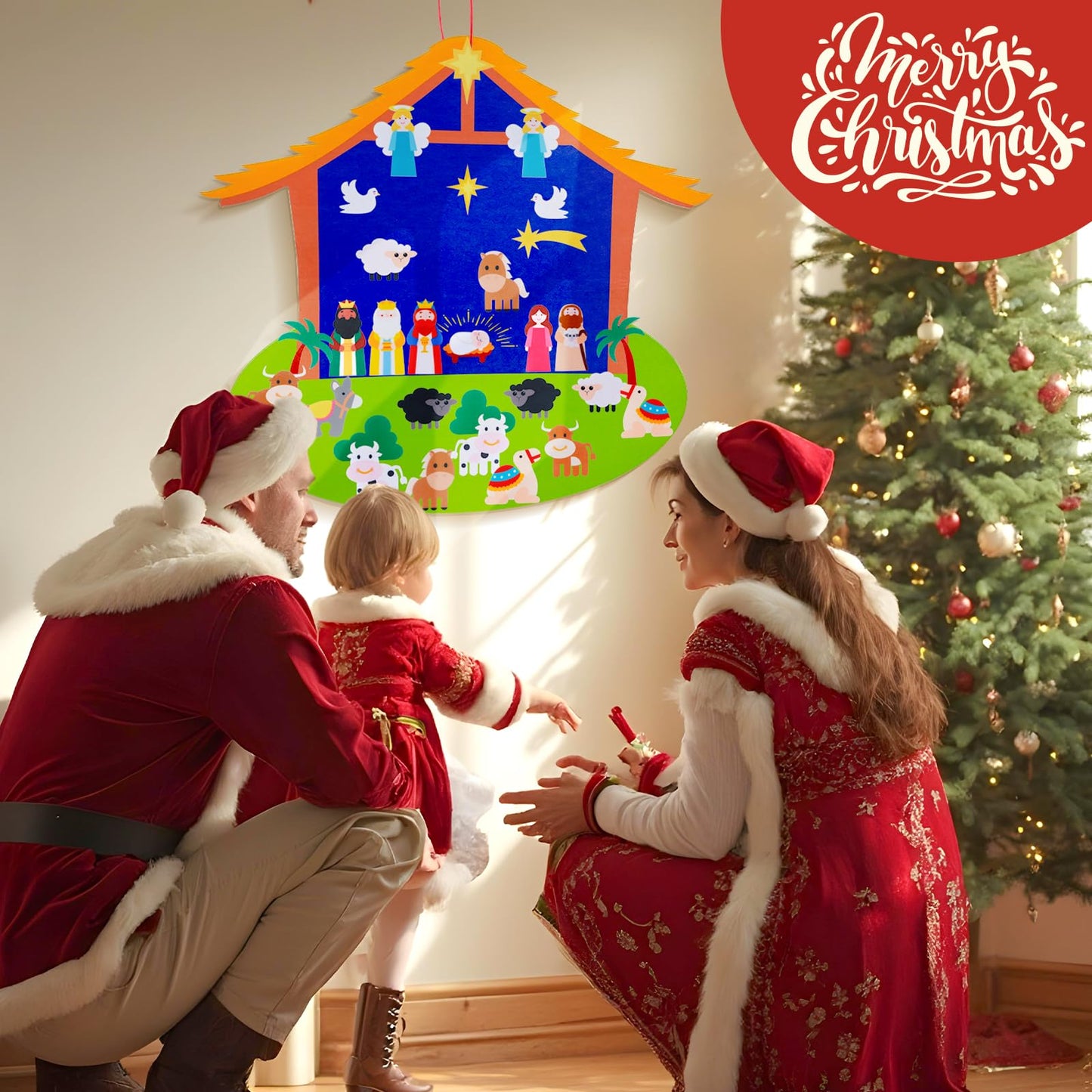OurWarm Christmas Tree for Kids Wall - Felt Toddler Nativity Play Set With 30 Pcs Detachable Ornaments, Xmas Tree for Kids to Decorate Wall Hanging