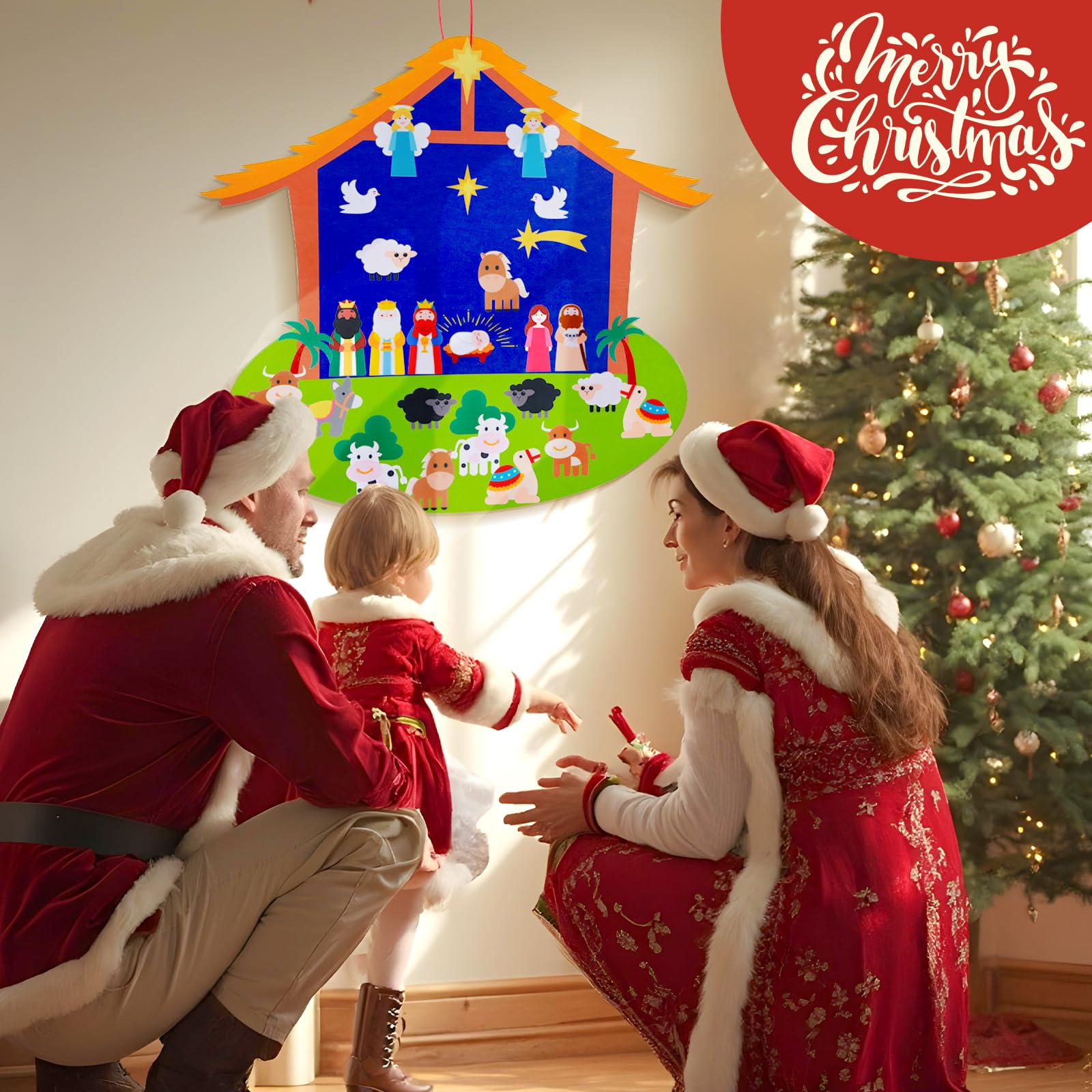 OurWarm Christmas Tree for Kids Wall - Felt Toddler Nativity Play Set With 30 Pcs Detachable Ornaments, Xmas Tree for Kids to Decorate Wall Hanging