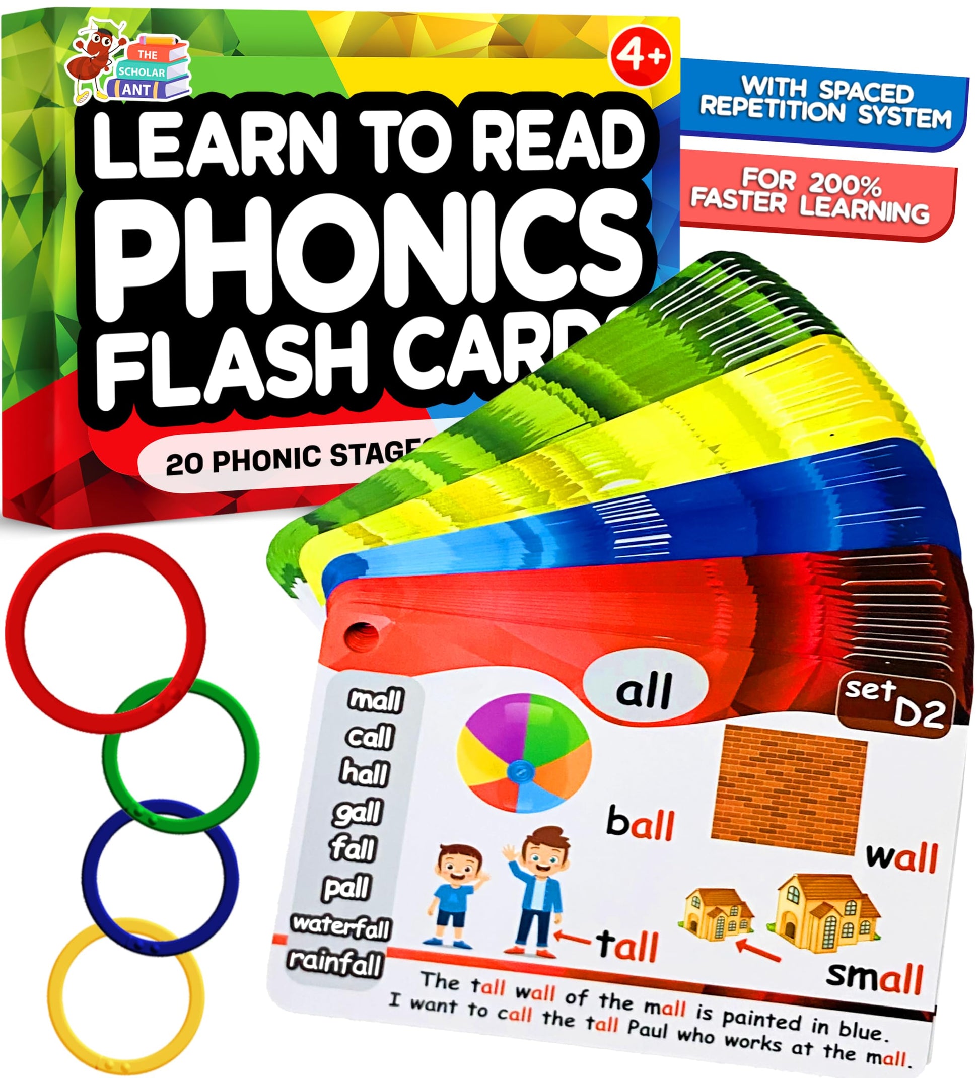 Phonics Flash Cards with Proven Spaced Repetition Learning System - Learn to Read in 20 Phonic Stages - Digraphs CVC Blends Long Vowel Sounds Phonics
