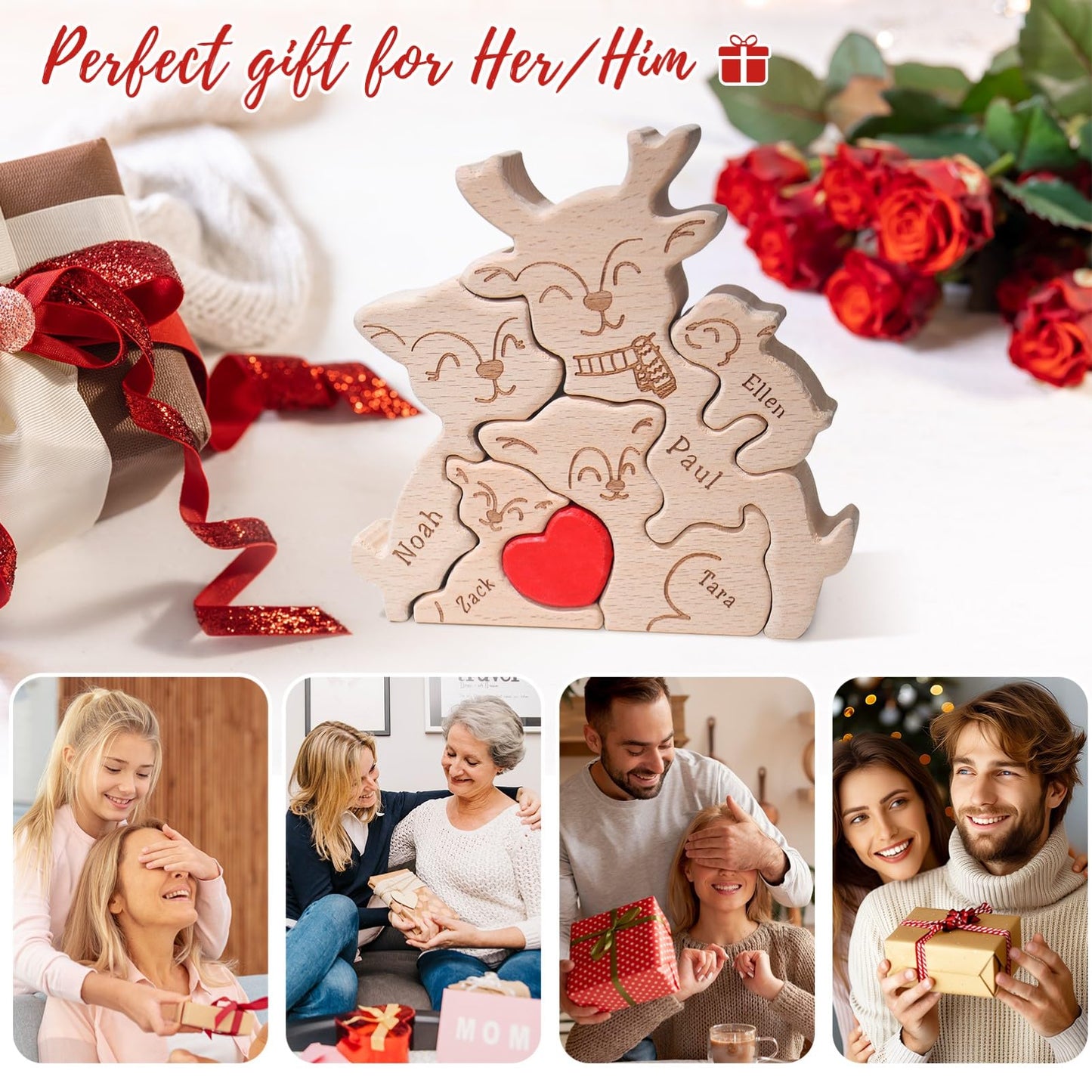 Personalized Wood Puzzles with Family Names Custom Wooden Animal Ornament for Home Decor Gifts for Mom Dad Grandparents Birthday Mother's Day
