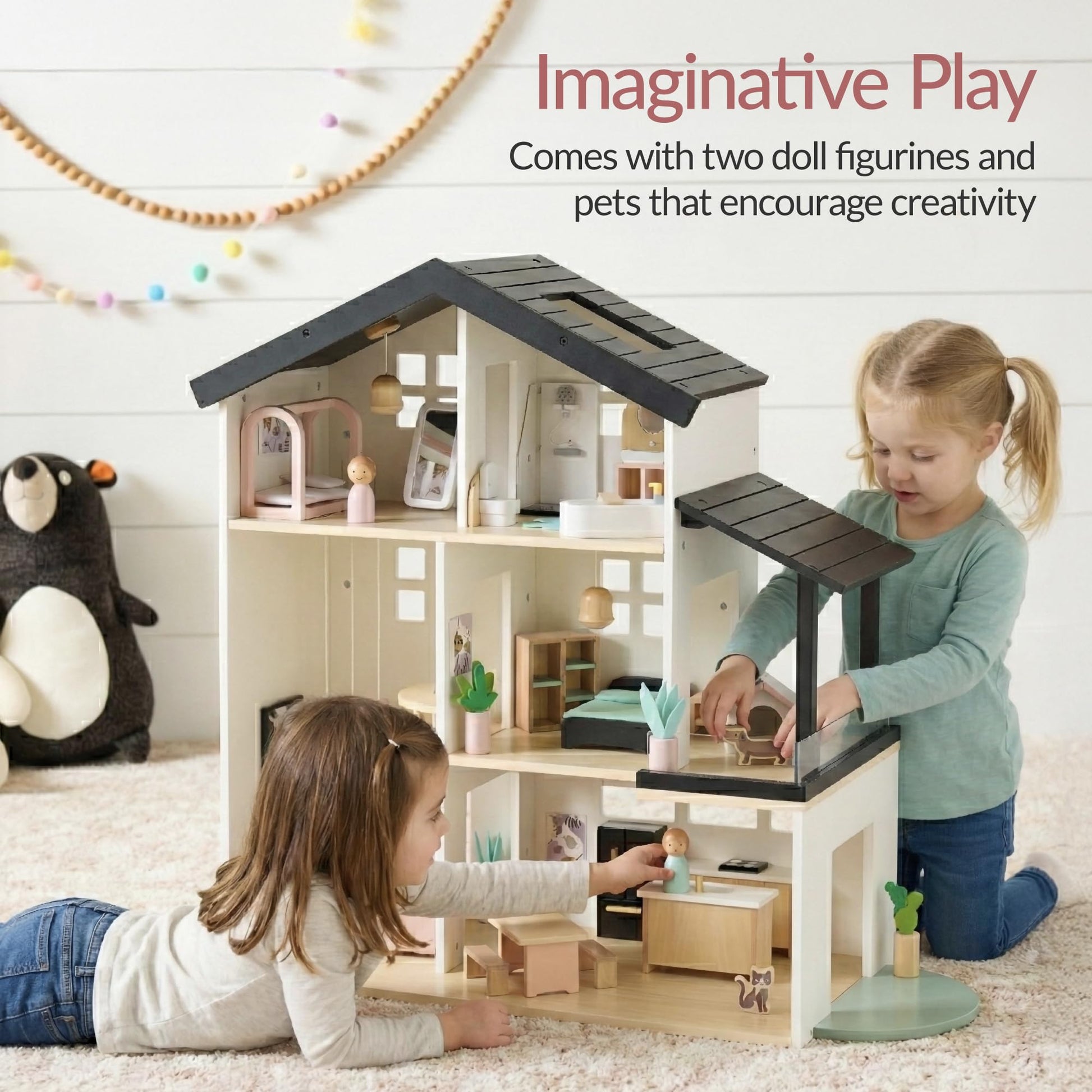 Best Choice Products Modern Wooden Dollhouse for Kids, 3-Story Doll House with 40 Furniture Accessories, Interactive Dollhouse Set with Dolls