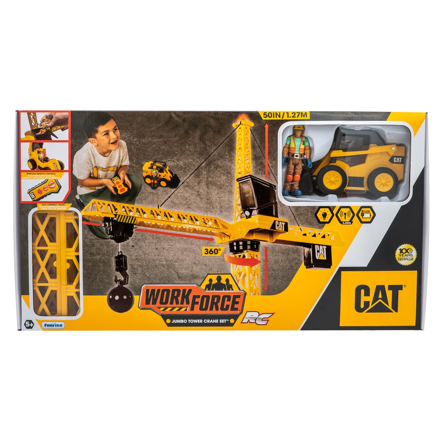 Cat Construction Workforce Jumbo Tower Crane Set, 50-Inch RC Crane Toy with 360-Degree Rotation, Hook and Wrecking Ball, Light, Skid Steer and 4"