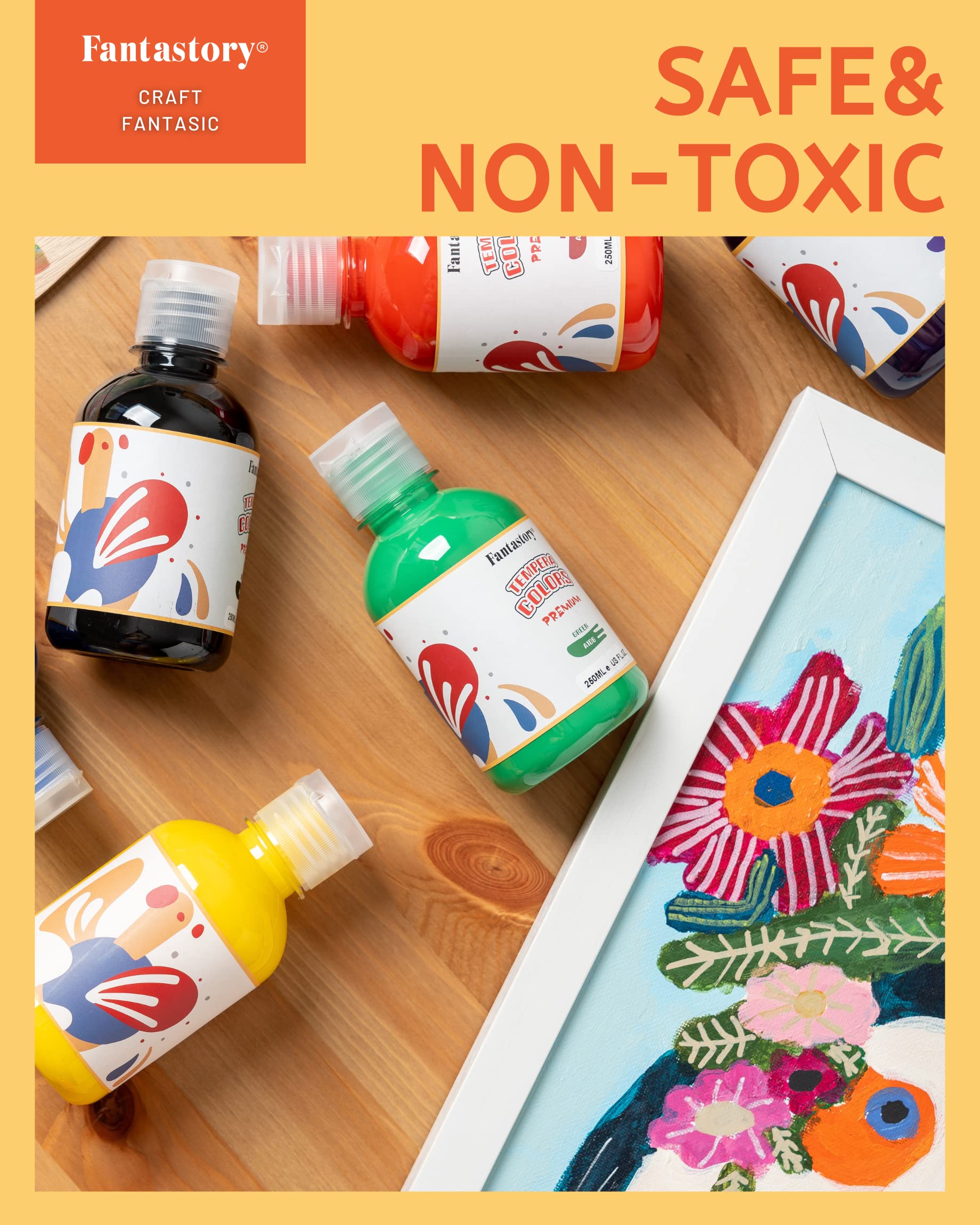 Fantastory Tempera Paint for Kids 12 Colors (8.4 oz Each) Washable Tempera Paint, Kids Poster Sponge Painting, Non-Toxic Finger Hand Bottles Gifts