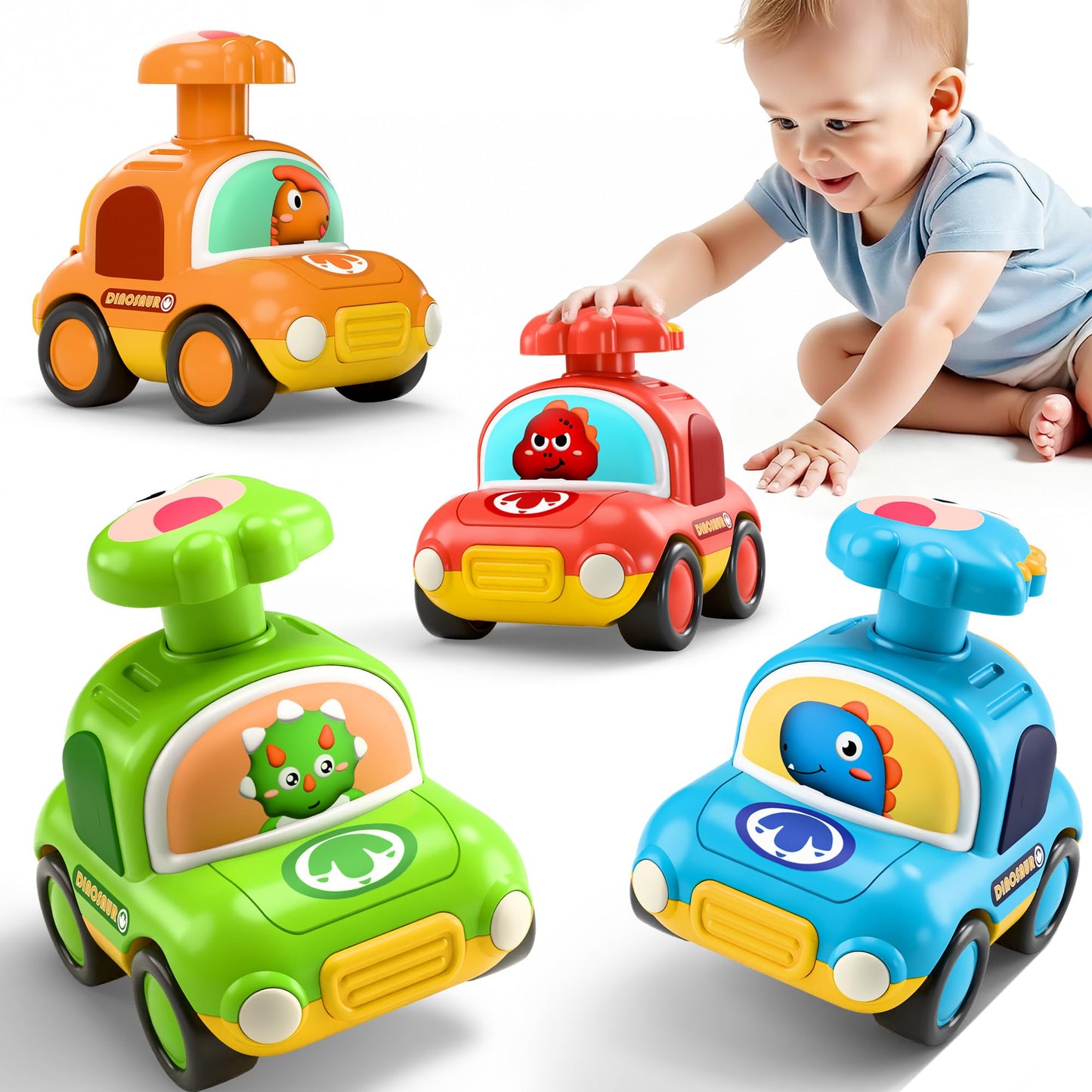 iPlay, iLearn Press to Go Dinosaur Car Toys for Toddlers 1-3, Baby Play Race Vehicle Set, Infant Boy Push Go Friction Toy, 4pcs Animal Car for 12 18