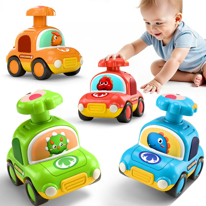 iPlay, iLearn Press to Go Dinosaur Car Toys for Toddlers 1-3, Baby Play Race Vehicle Set, Infant Boy Push Go Friction Toy, 4pcs Animal Car for 12 18