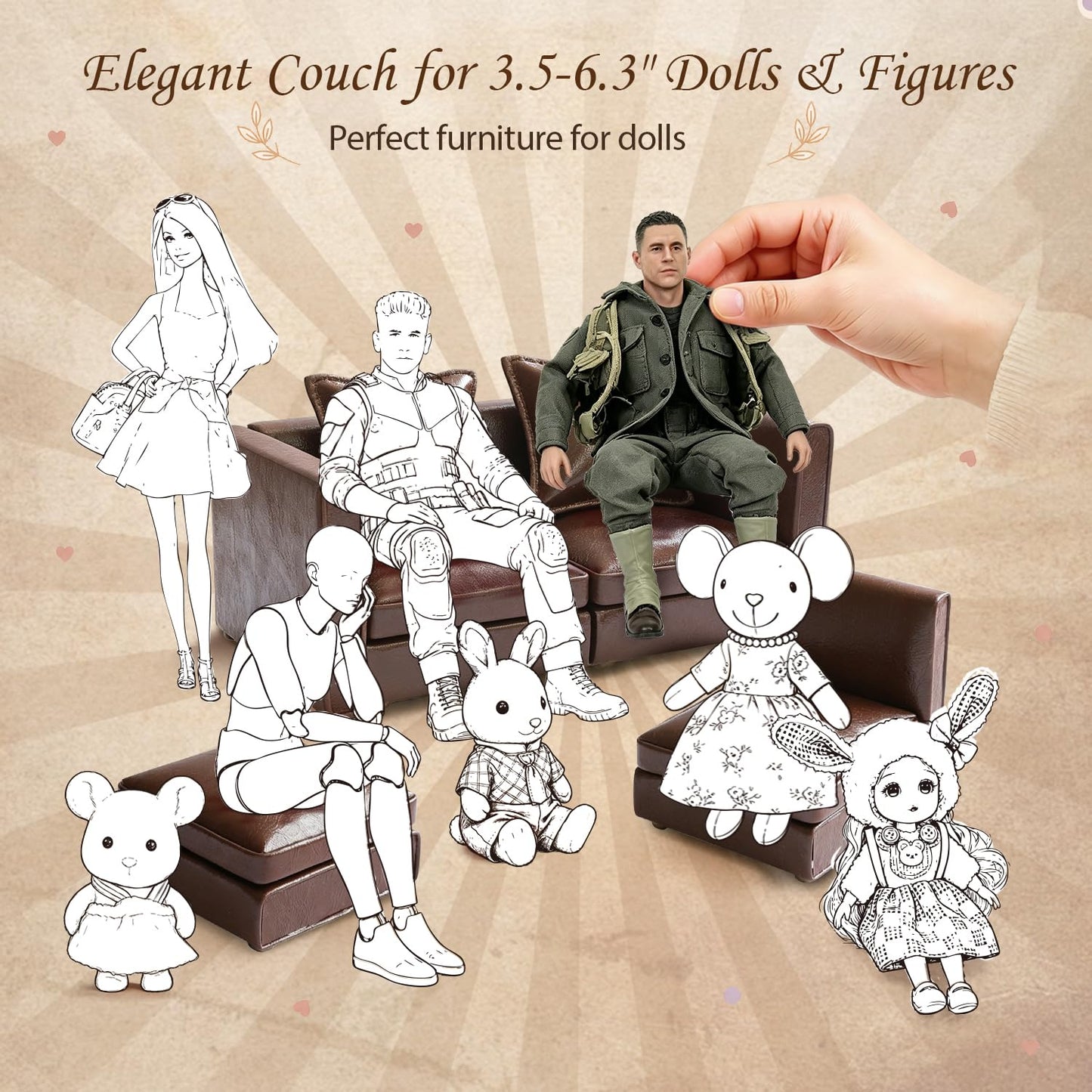 iLAND Dollhouse Furniture Sectional Dollhouse Couch Set Brown Faux Leather Sofa, Miniature Chair Doll House Furniture, Chic 1/12 Scale Miniature
