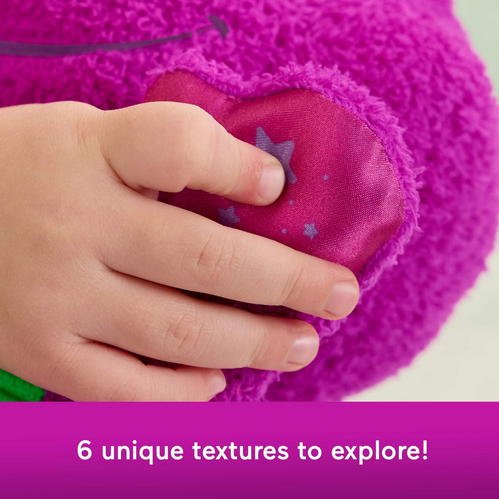 Fisher-Price Barney’s World Toddler Toy Sensory Barney 12.75-Inch Plush with Fidget Activity & Textured Details for Kids Ages 2+ Years