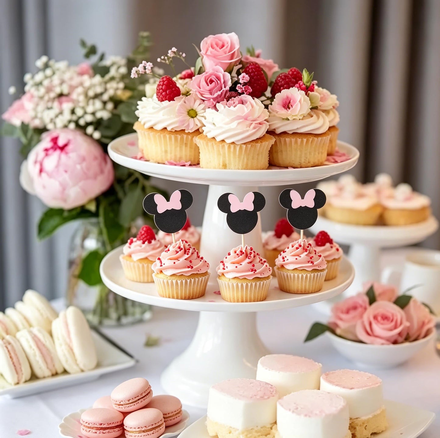 Pack of 24 Pink and Black Minnie Mouse Inspired Cupcake Toppers for Baby Shower Girl's Birthday Party Decorations