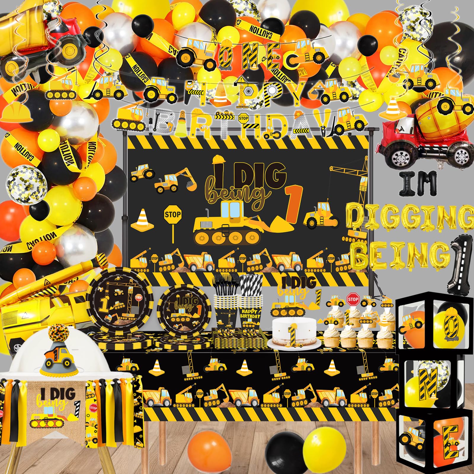 Construction 1st Birthday High Chair Banner Dump Truck/Excavator/Crane/Digger Theme One Photo Prop Cake Smash for Boys Construction One Year Old