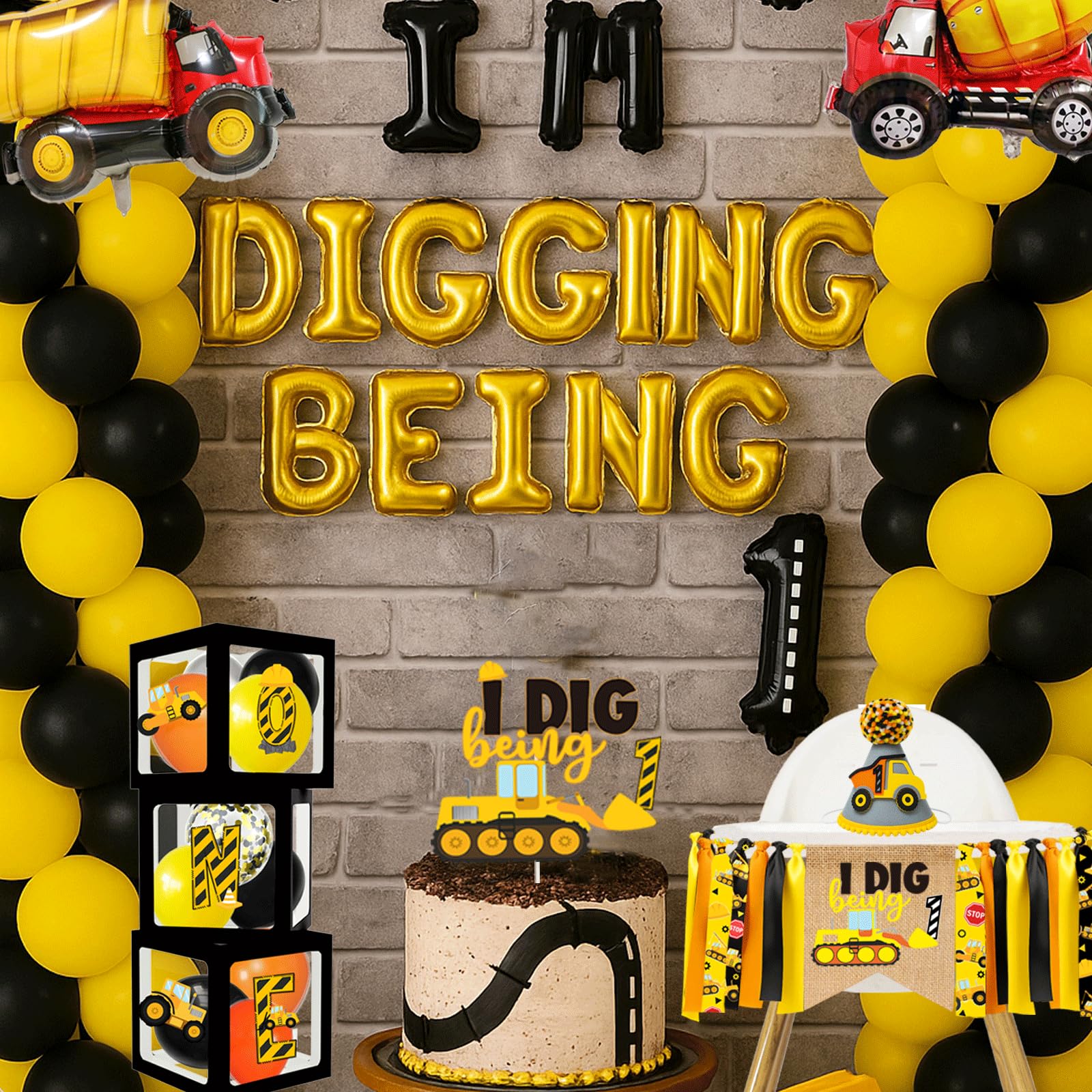 Construction 1st Birthday High Chair Banner Dump Truck/Excavator/Crane/Digger Theme One Photo Prop Cake Smash for Boys Construction One Year Old