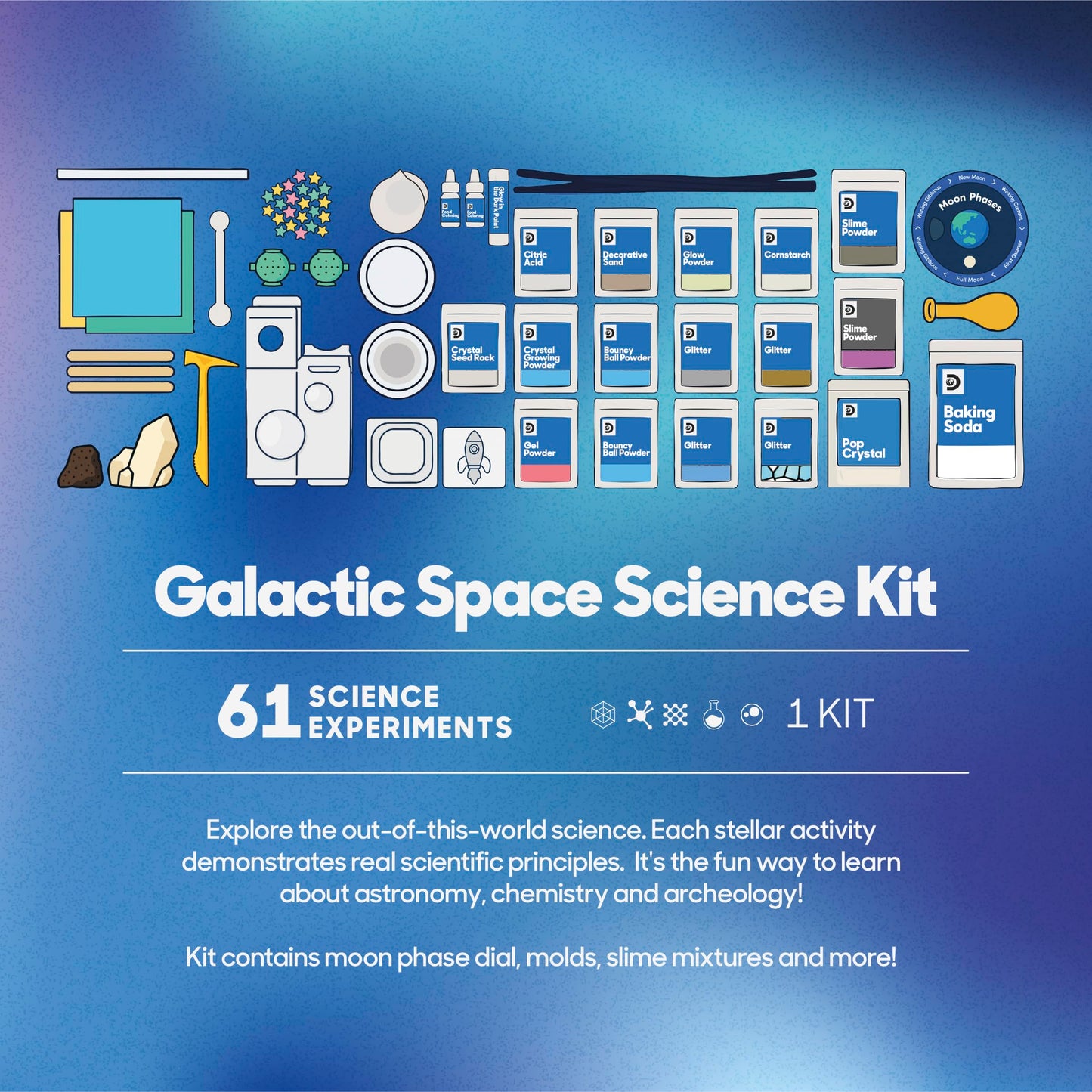 Discovery™ Galactic Space Science Kit - 61 Experiment STEM Lab for Kids| Astronomy & Chemistry Activity Set| Includes DIY Telescope, Crystals, Slime