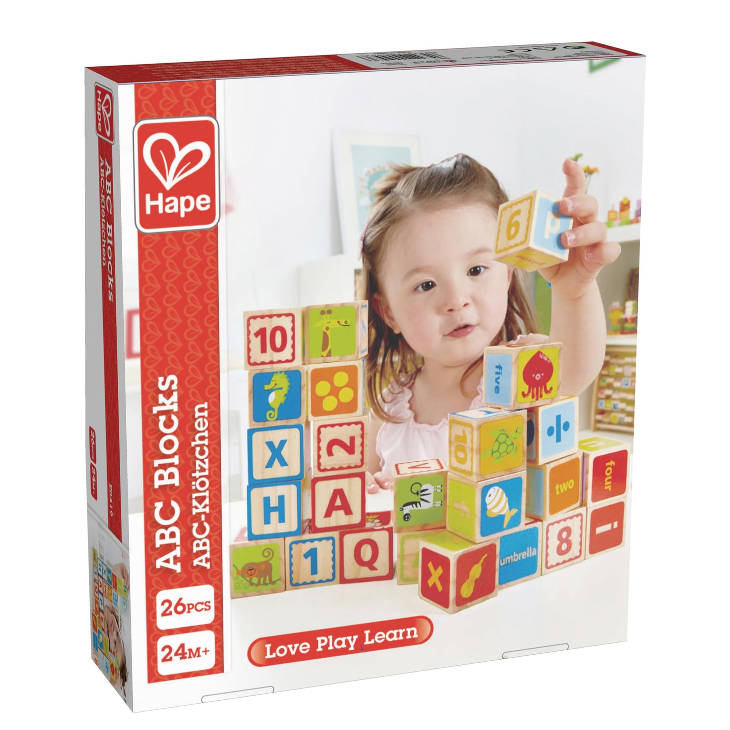 Hape Wooden 26 Pcs Alphabet and Numbers Stacking Blocks with Pictures| Educational Preschool Learning Toys for Toddlers