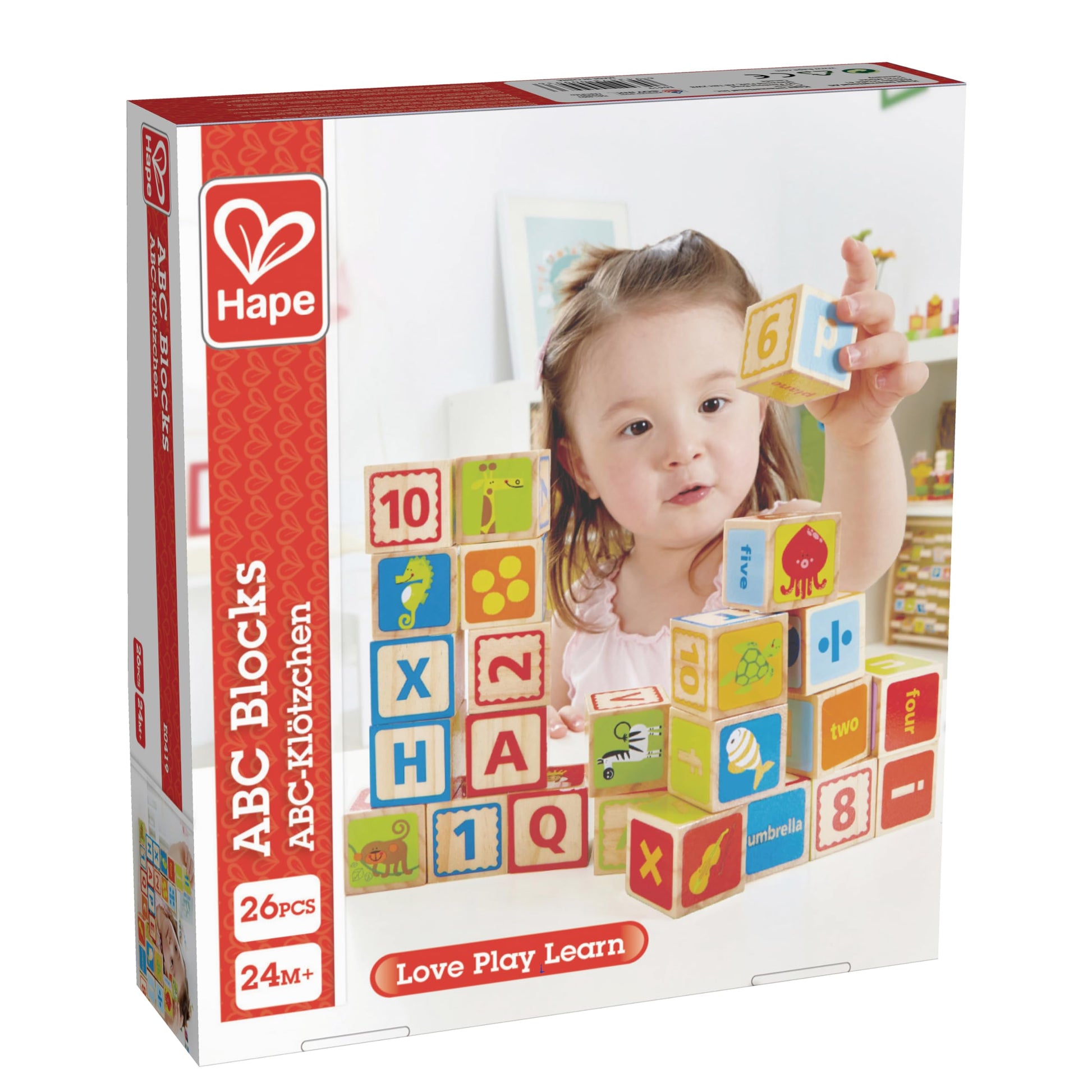 Hape Wooden 26 Pcs Alphabet and Numbers Stacking Blocks with Pictures| Educational Preschool Learning Toys for Toddlers