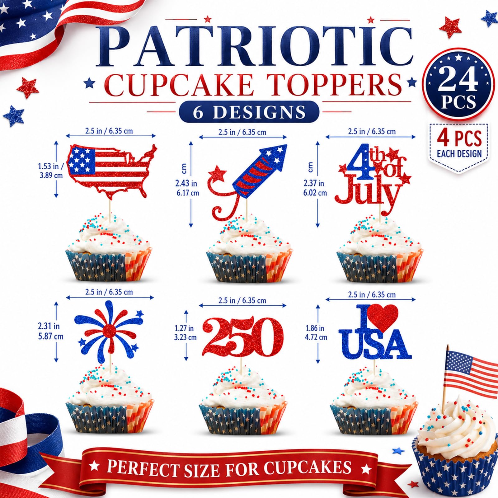 24Pcs Red Blue Stars Cupcake Toppers, 4th Of July Patriotic Independence Day Party Supplies Cake Dessert Ice Cream Toppers, Anniversary Patriotic
