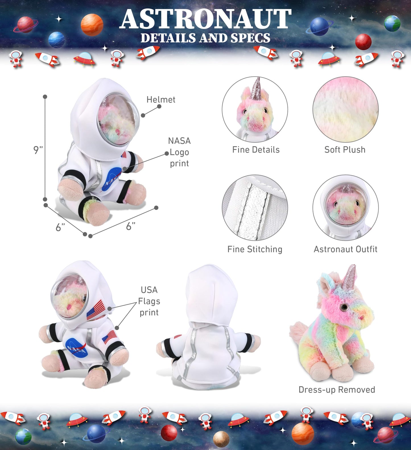 DolliBu Rainbow Unicorn Astronaut Plush Toy - Fantasy Astronaut Stuffed Animal with Space Helmet and NASA Astronaut Suit, Spaceman Doll Decor