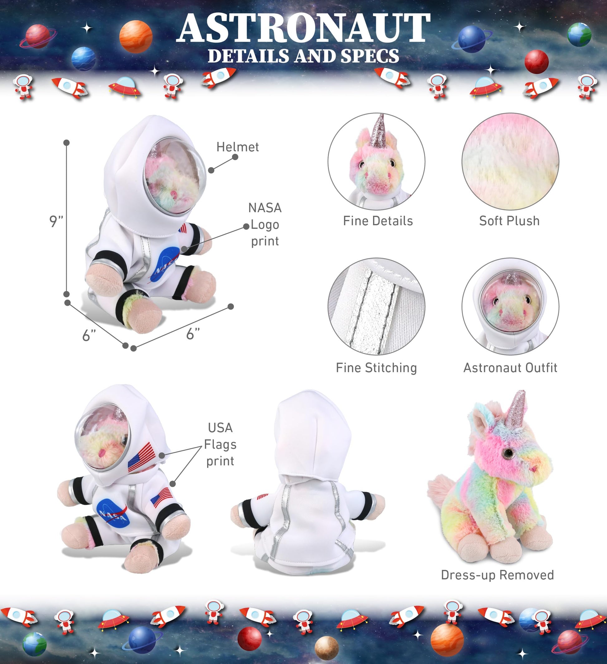 DolliBu Rainbow Unicorn Astronaut Plush Toy - Fantasy Astronaut Stuffed Animal with Space Helmet and NASA Astronaut Suit, Spaceman Doll Decor