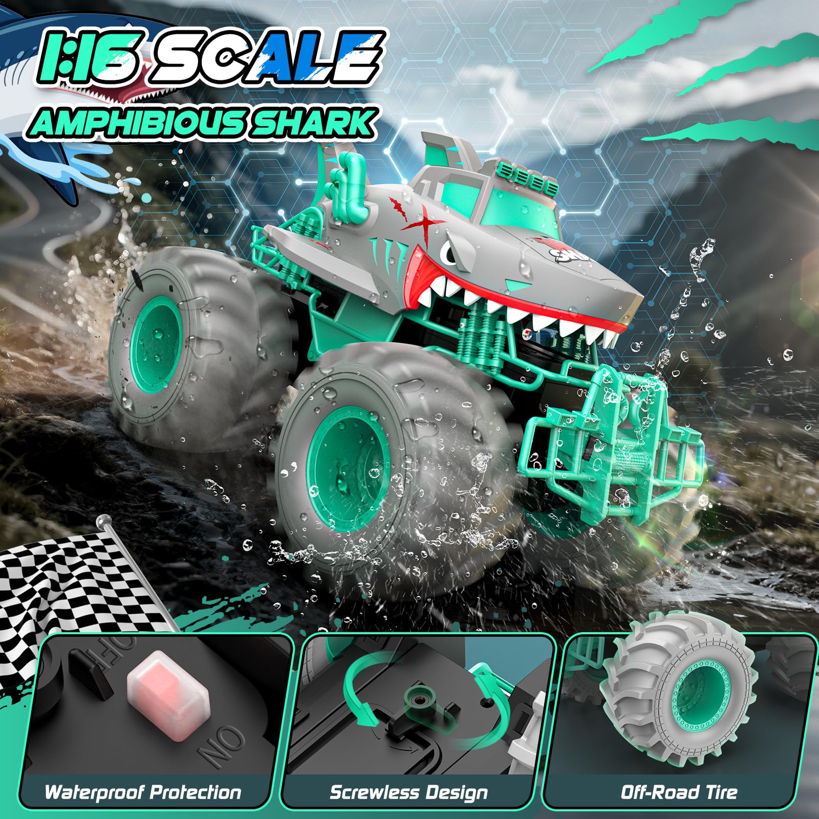 Salazaza Waterproof Shark Remote Control Car, 1:16 Amphibious RC Cars 4WD All Terrain Off Road Monster Trucks Toys, RC Truck Pool Toys for Kids 3-5