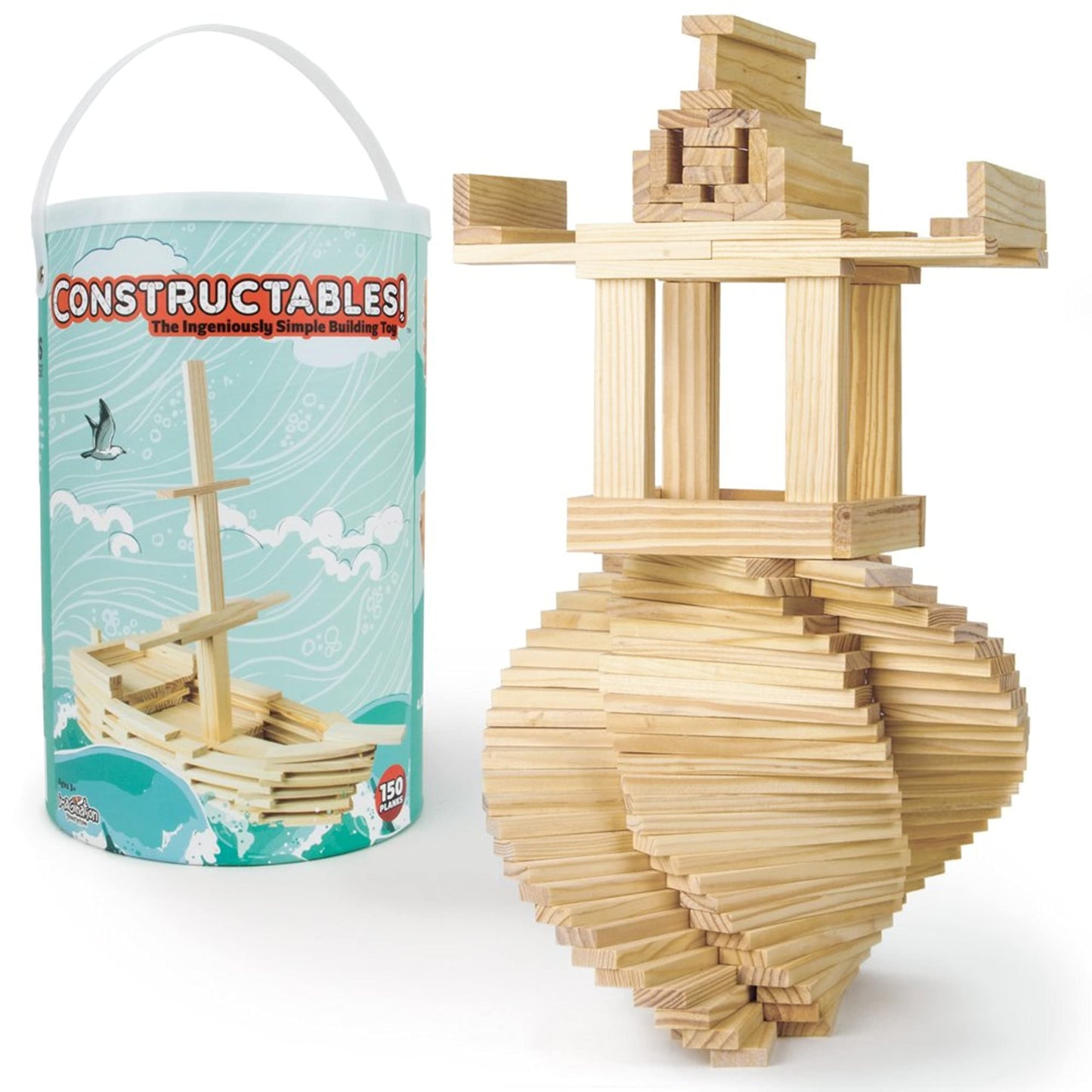 Imagination Generation Constructables! Pine Wood Building Planks, 150 Pieces - Educational Tinker Toys for Kids & Teens - STEM Stacking Blocks