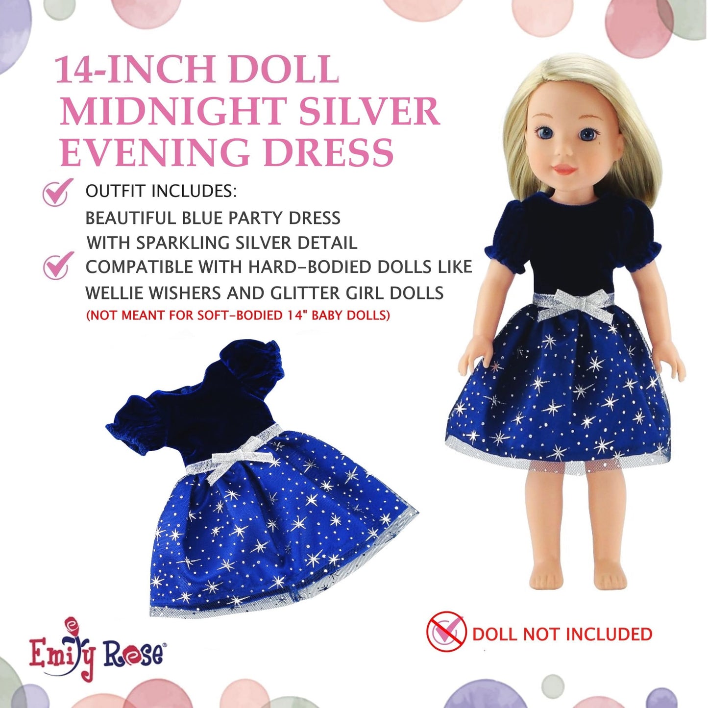 Emily Rose 14 Inch Doll Fashion Clothes Blue/Silver Velvety, Sparkly Party Dress | Compatible with 14.5" Hard-Bodied Wellie Wishers Dolls | USA
