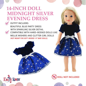 Emily Rose 14 Inch Doll Fashion Clothes Blue/Silver Velvety, Sparkly Party Dress | Compatible with 14.5" Hard-Bodied Wellie Wishers Dolls | USA