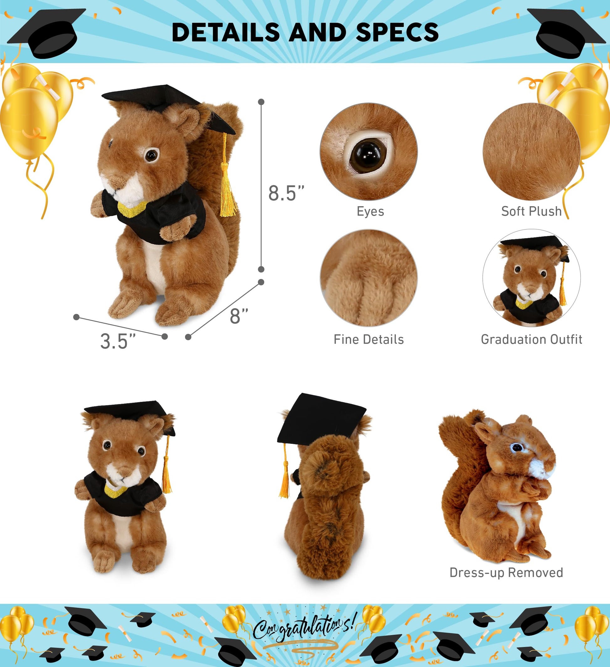 DolliBu Squirrel Graduation Plush Toy - Soft Huggable Graduation Stuffed Animal Dress Up with Gown and Cap with Tassel Outfit with Personalization