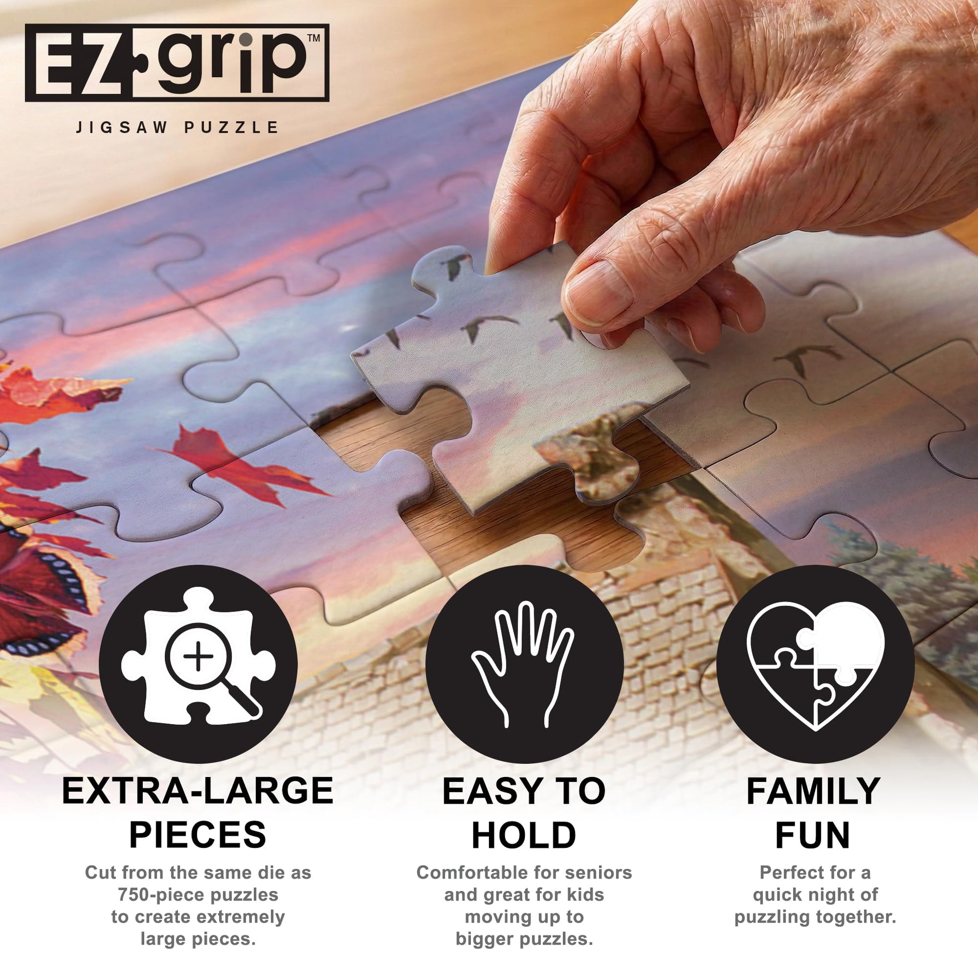 MasterPieces Thanksgiving Puzzles 300 Piece EZ Grip Jigsaw Puzzle, Autumn Warmth Fall Scene, Large Piece Design, Non-Glare Matte Finish, Eco-Friendly
