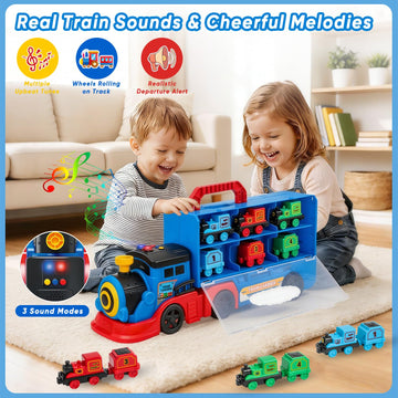 Trucks Toys for Toddler, Transport Truck Train Set with Light and Sound, 1 Transport Toy Trucks,6 Magnetic Trains, Kids Birthday Gifts.