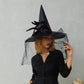 SSPalu Halloween Deluxe Witch Hat Veils Spiders Feathers Felt Wizard Cap Women Men Wide Brim Pointed Hat Party Carnival Cosplay Costume
