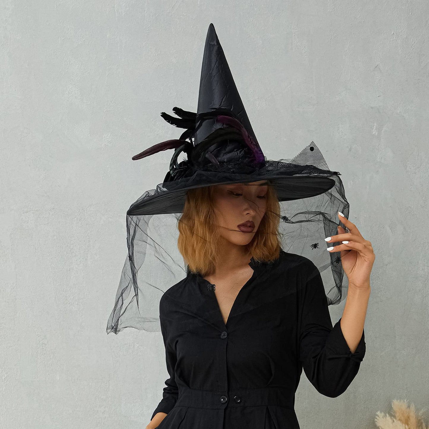 SSPalu Halloween Deluxe Witch Hat Veils Spiders Feathers Felt Wizard Cap Women Men Wide Brim Pointed Hat Party Carnival Cosplay Costume