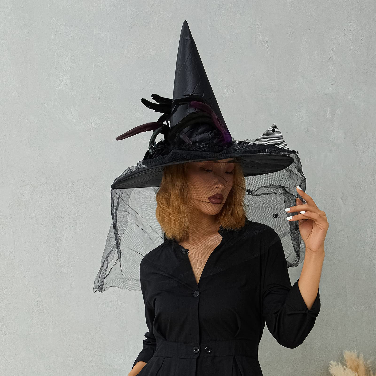 SSPalu Halloween Deluxe Witch Hat Veils Spiders Feathers Felt Wizard Cap Women Men Wide Brim Pointed Hat Party Carnival Cosplay Costume