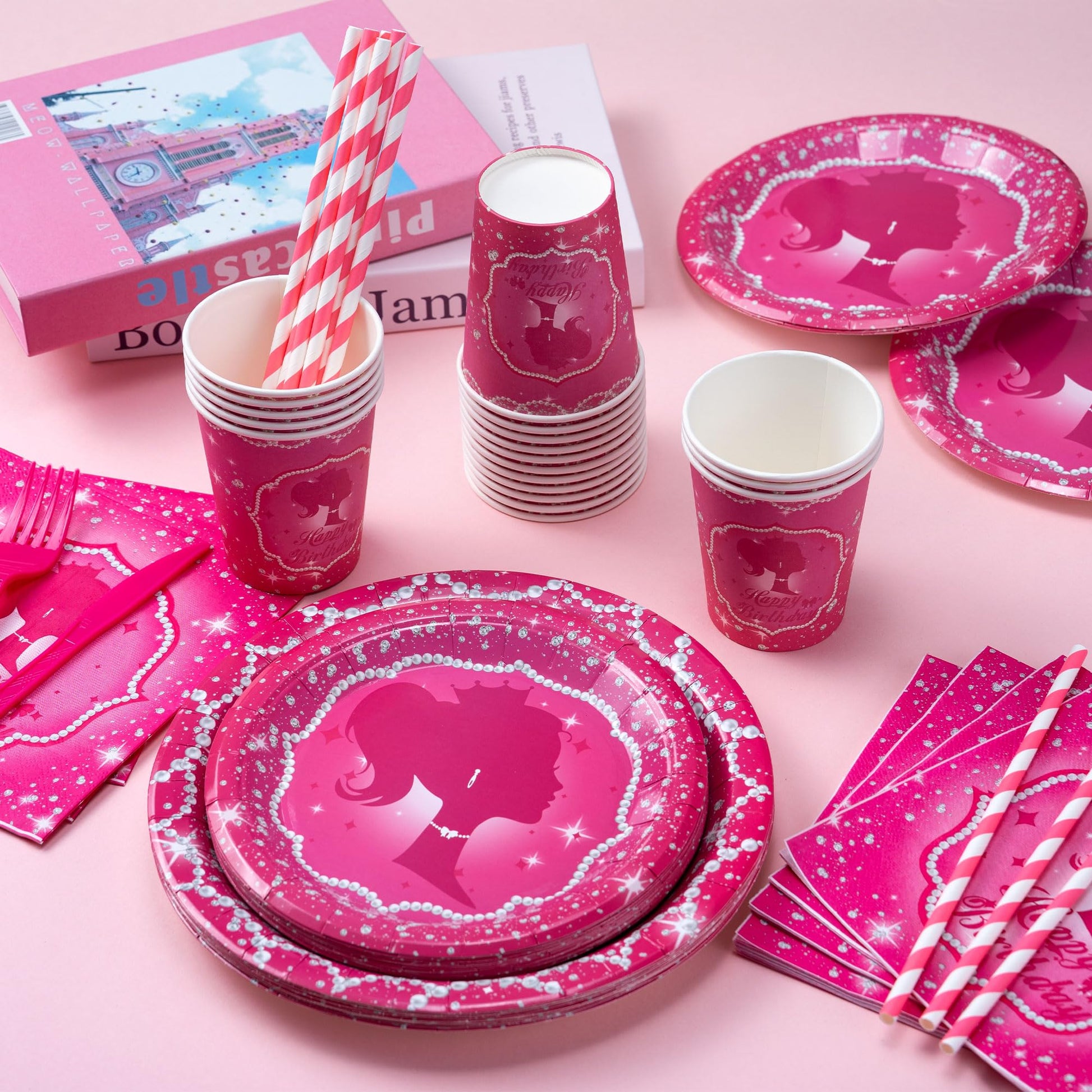 KULUJIA 162-Piece Hot Pink Birthday Tableware Set for 20 Guests