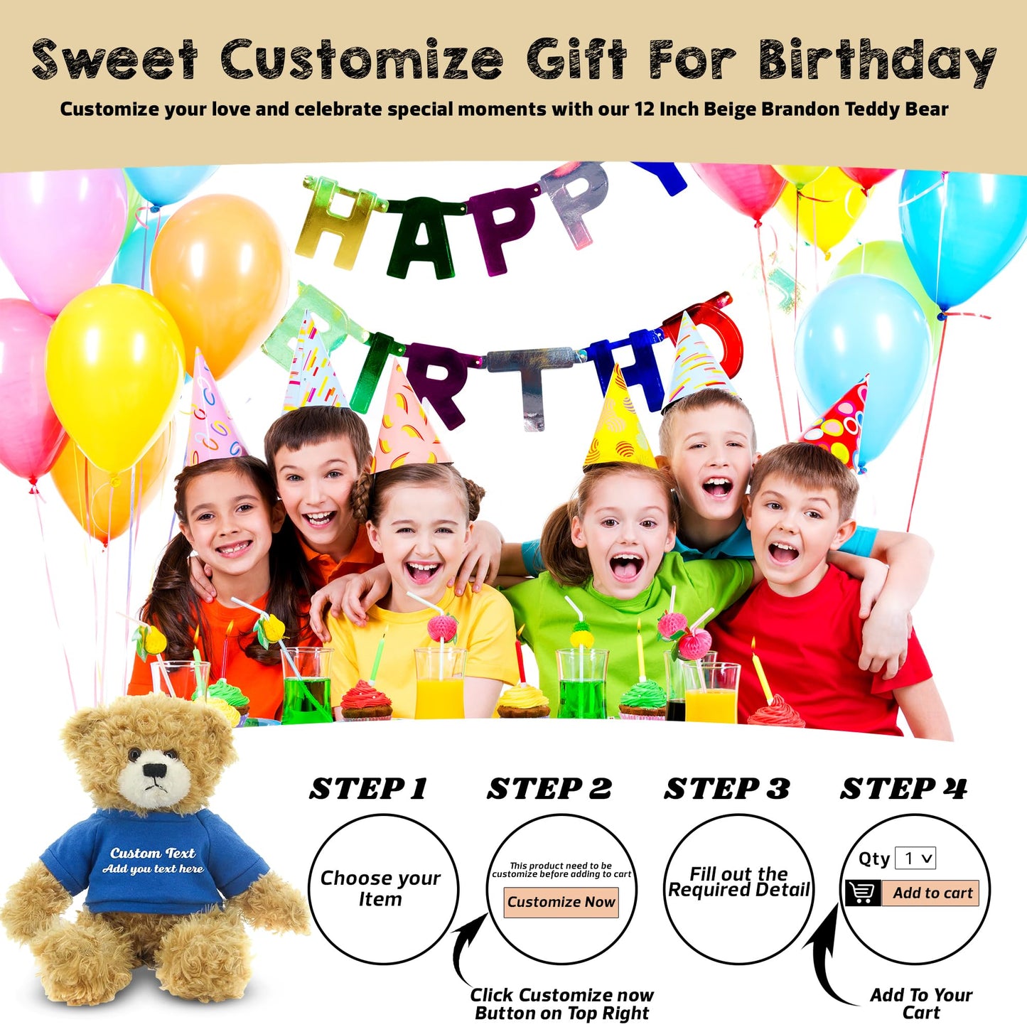 Made By Aliens Customized Beige Brandon Bear - 12 inch Personalized Stuffed Bear Plush Toy - Perfect Custom Shirt Bear Gift for Graduation Valentines