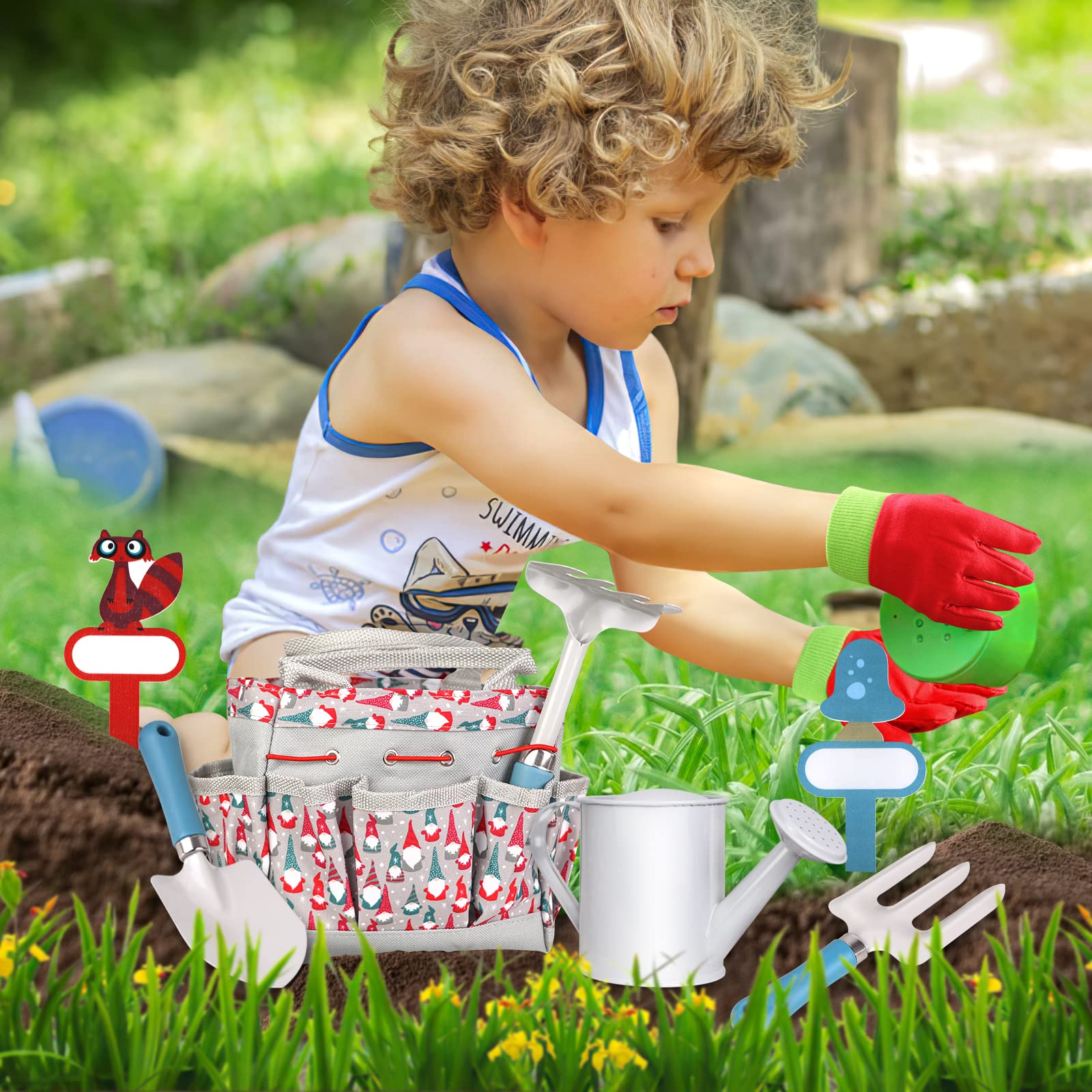 Kids Gardening Tools - Includes Sturdy Tote Bag, Watering Can, Gloves, Shovel, Rake, Fork - Children Garden Tool Set -Christmas New Year Gifts
