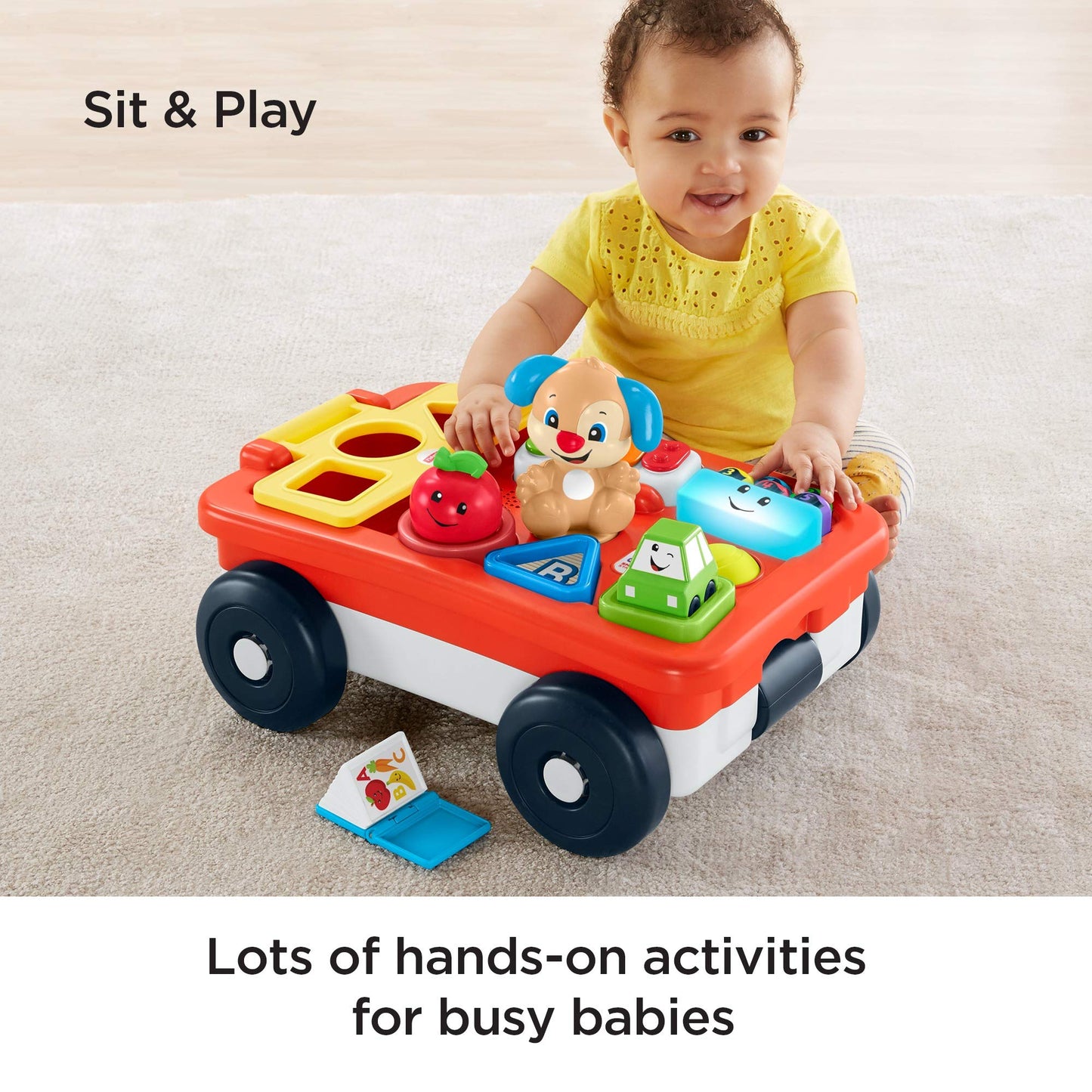 Fisher-Price Laugh & Learn Pull & Play Learning Wagon - German Edition, interactive toy wagon with shape blocks and learning content for baby