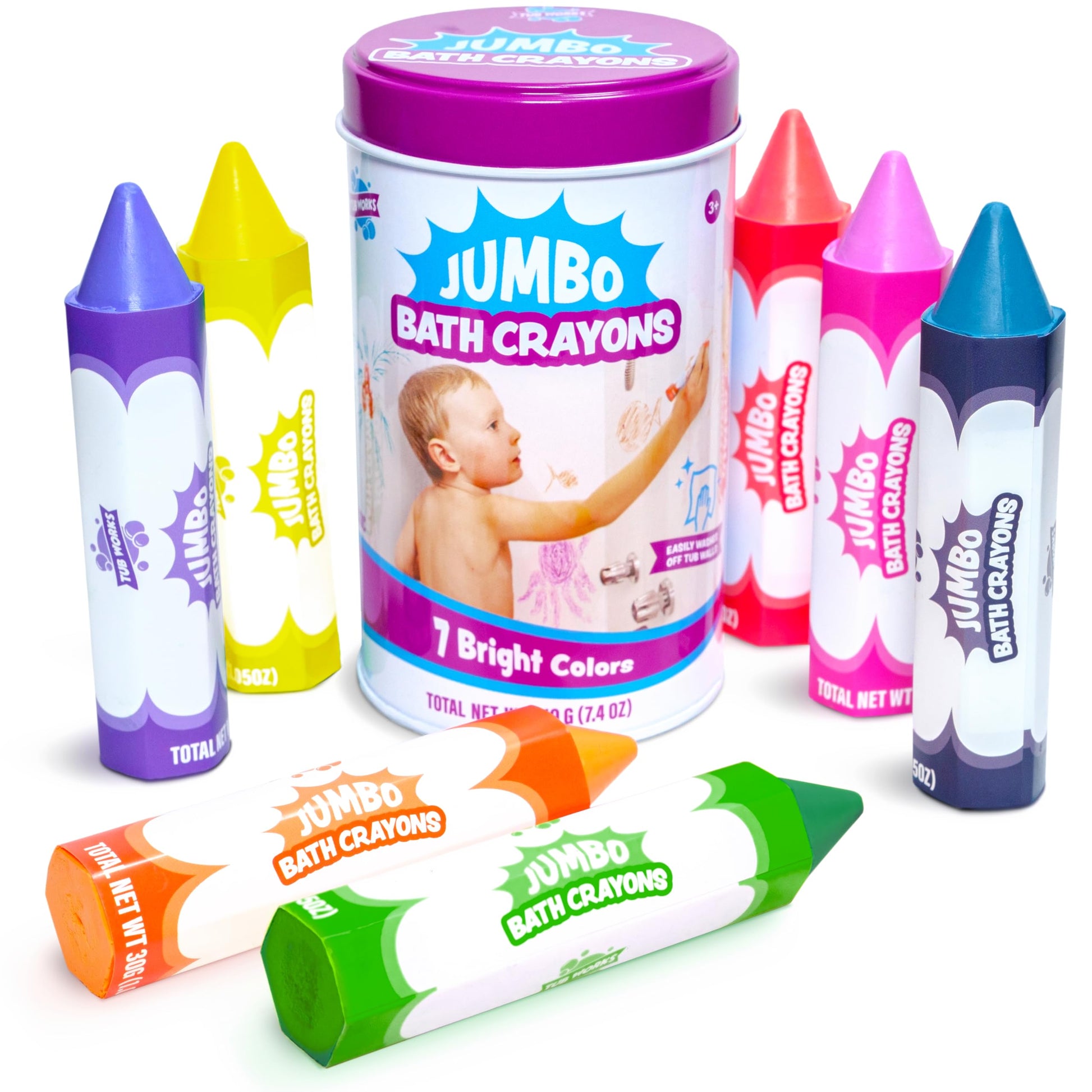 Tub Works® Smooth™ Jumbo Bath Crayons Bath Toy | Nontoxic, Washable Bath Crayons for Toddlers & Kids | Unique Formula Draws Smoothly & Vividly on Wet