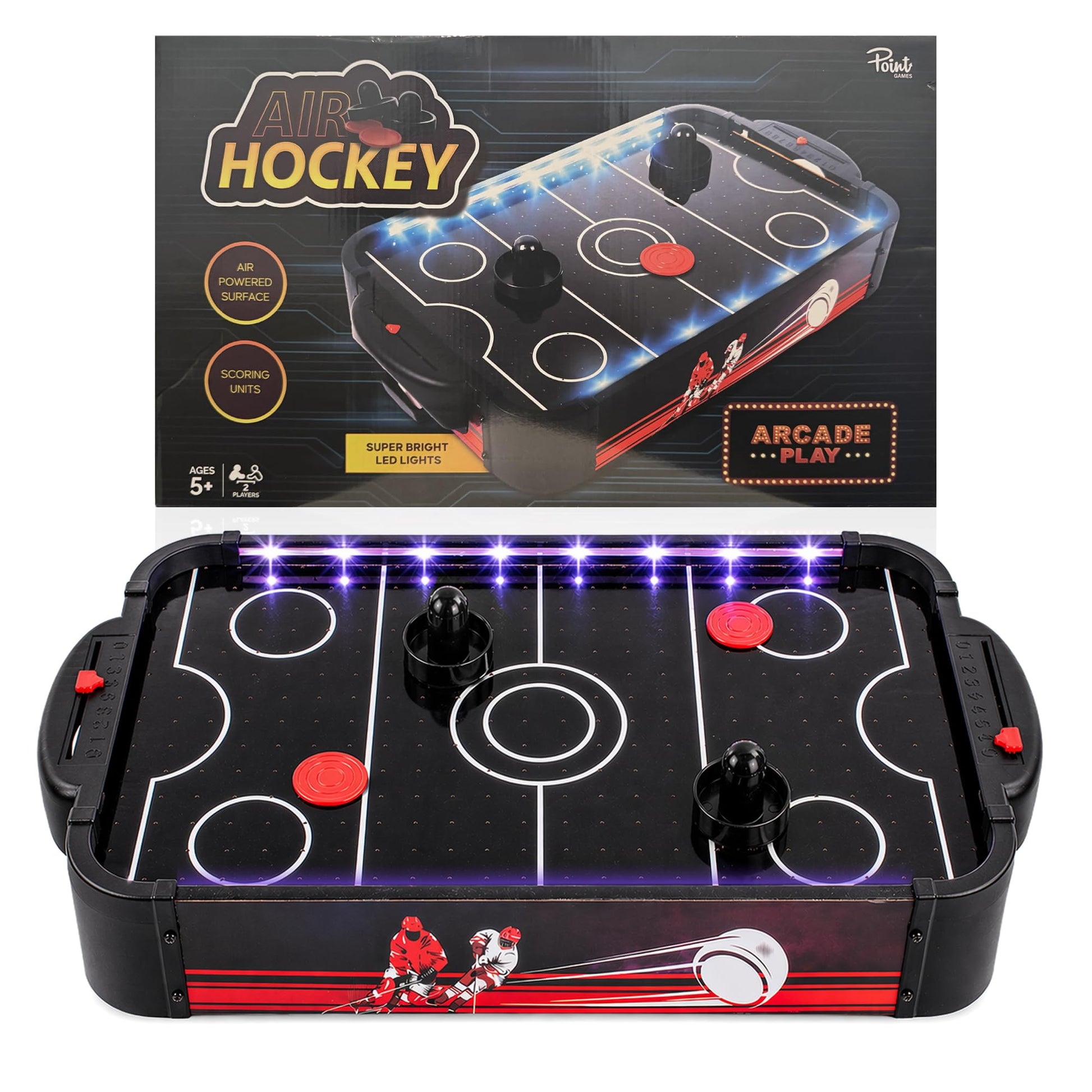 Air Hockey Game with LED Lights, Portable Tabletop Air Hockey Game & Gift for Kids & Family Fun, Air Hockey Table Game with 2 Pushers 2 Pucks, Compact