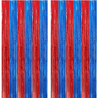 4 Pack Red and Blue Foil Fringe Curtains Backdrops 3.3x6.6 ft