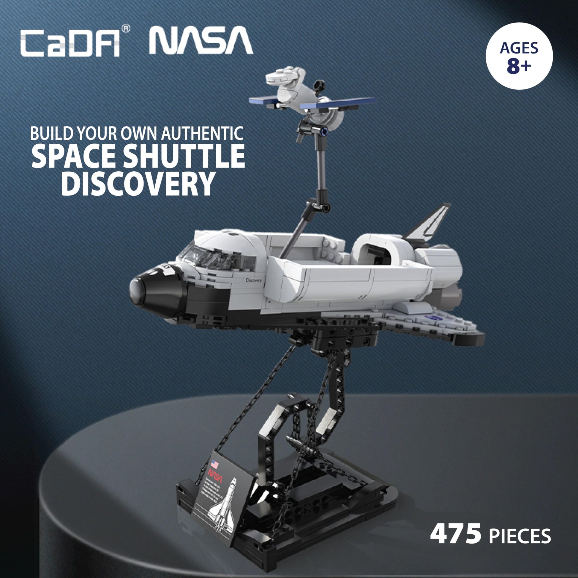 CADA Bricks - NASA Space Shuttle Discovery Building Set with Satellite & Display Stand, 475 Pieces, NASA Shuttle Model Kit, Compatible with Major