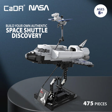 CADA Bricks - NASA Space Shuttle Discovery Building Set with Satellite & Display Stand, 475 Pieces, NASA Shuttle Model Kit, Compatible with Major
