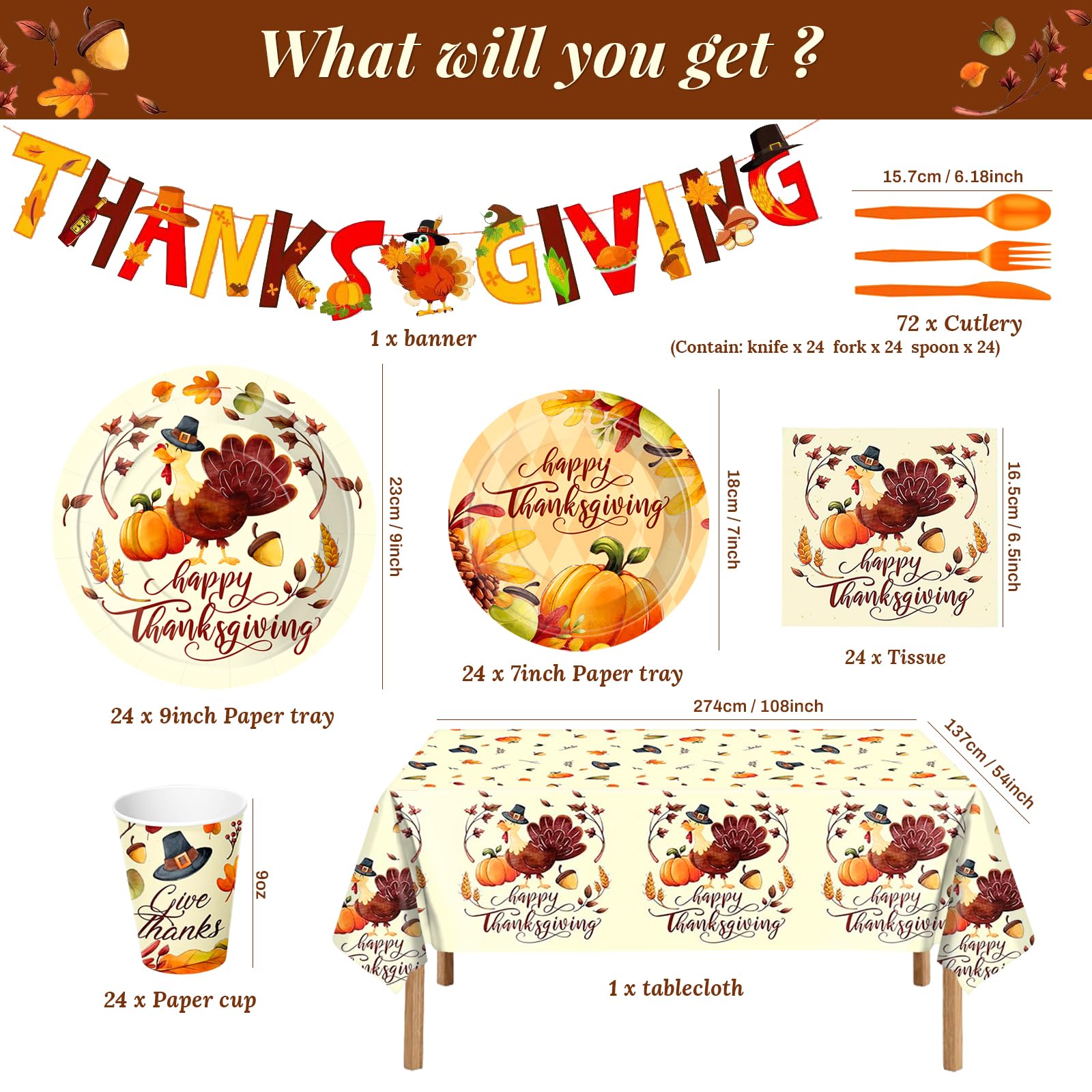 Sertokm 170PCS Fall Thanksgiving Party Plates and Napkins Set - Disposable Tableware with Banner, Pumpkin Tablecloth, Cups and Utensils