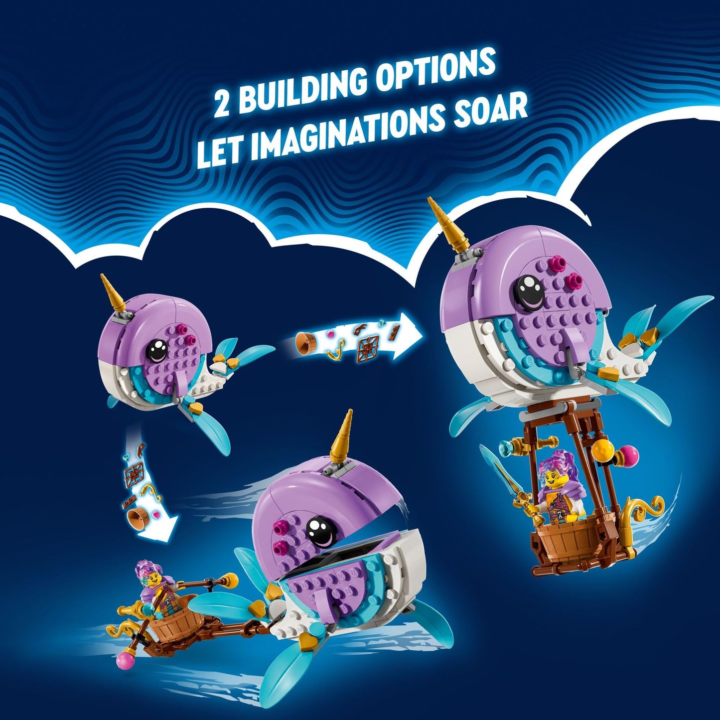 LEGO DREAMZzz Izzie's Narwhal Hot-Air Balloon Deep-Sea Animal Toy, Save Bunchu from a Grimspawn, Transforming Whale Figure for Kids, Bunny Toy