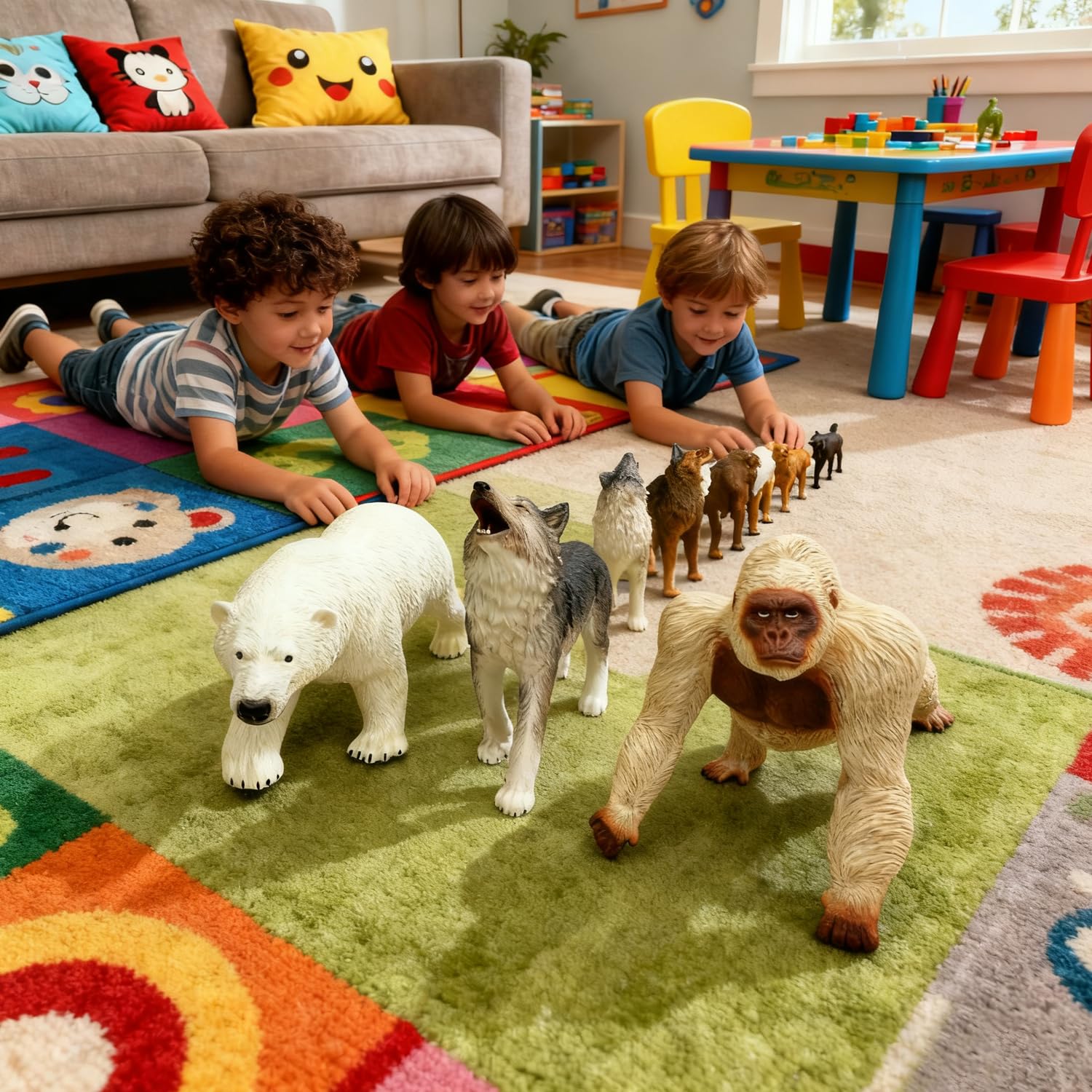 Jumbo Safari Animal Toys - Soft Zoo Playset for Kids, Realistic Wild Figurines, Educational Party Birthday for Kids Ages 3-12 (3 pcs Gorilla Wolf