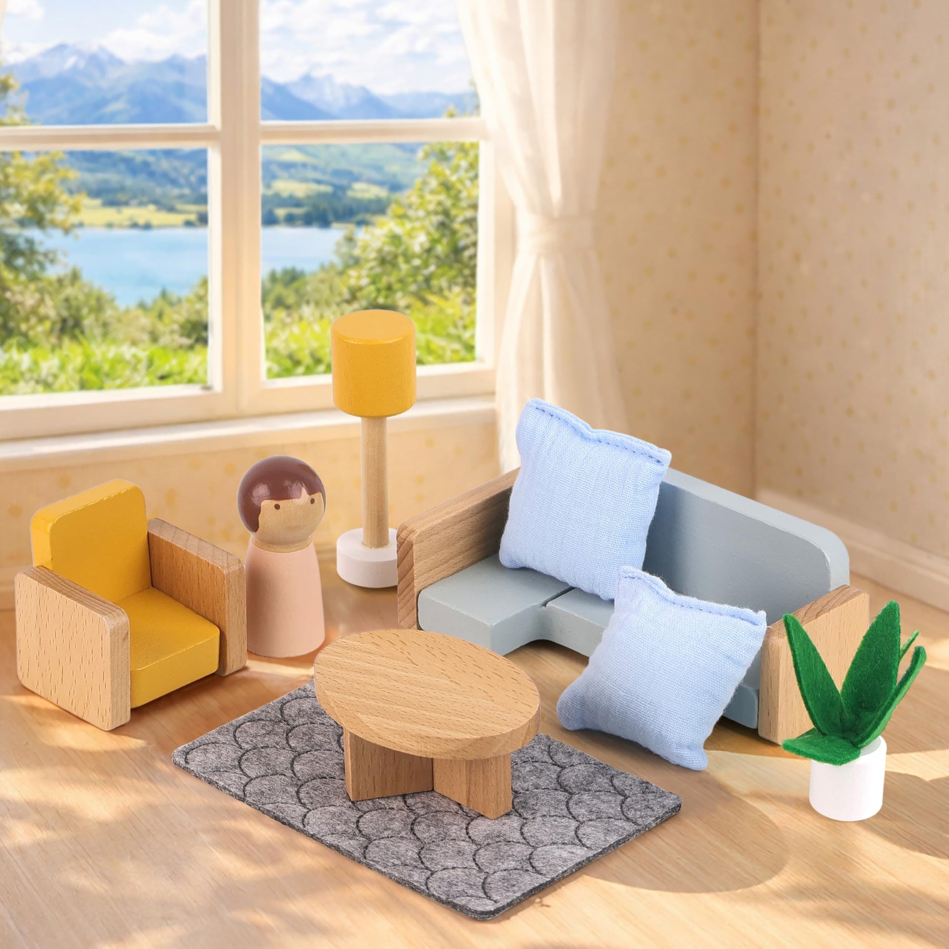 PairPear Wooden Toys Dollhouse Furniture Playset,Natural Wood Pretend Play Furnitures with Family Dolls,Dollhouse Accessories Toys Gift for Girls