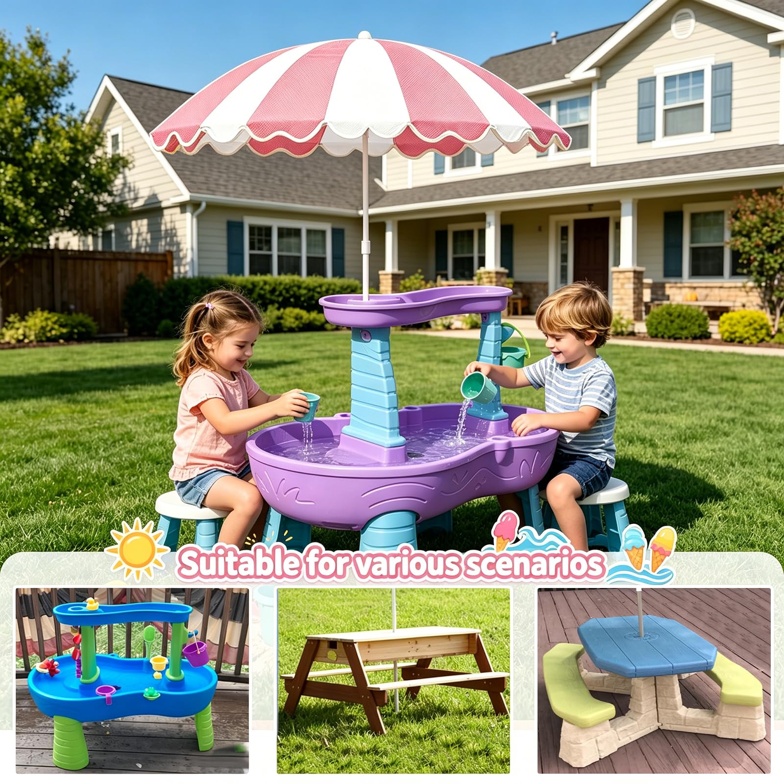 Belamilo Water Table Umbrella, UV Protection Beach & Picnic Table Umbrella, Heavy Duty Portable Outdoor Shade for Sand Play, Camping, Garden