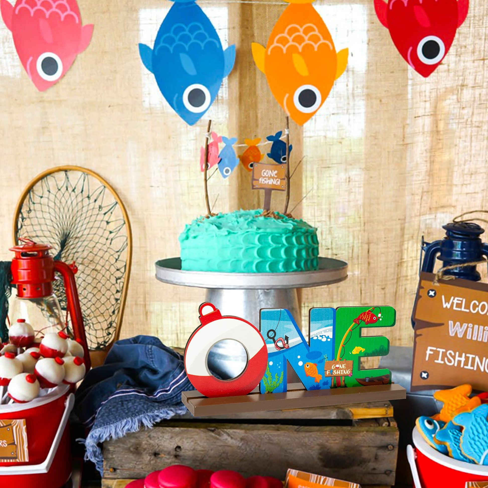 Haooryx Fishing One Table Wooden Centerpiece - One Year Old Baby Boys Birthday Party Letter Sign Table Decoration Summer Fishing Theme Party Supplies