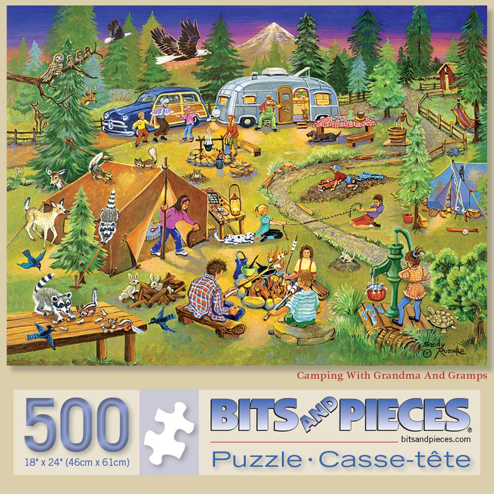 Bits and Pieces - Large 500 Piece Jigsaw Puzzle for Adults - ‘Camping with Grandma and Gramps’ Jigsaw Puzzle by Artist Sandy Rusinko, Completed Puzzle