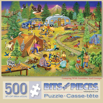 Bits and Pieces - Large 500 Piece Jigsaw Puzzle for Adults - ‘Camping with Grandma and Gramps’ Jigsaw Puzzle by Artist Sandy Rusinko, Completed Puzzle