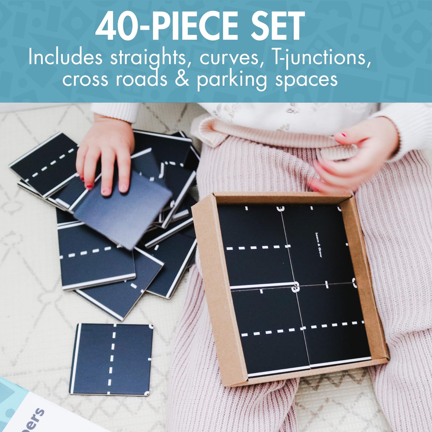 Learn & Grow Magnetic Tiles Road Expansion Pack - 40PCs Road Toppers Set for Cars, STEM Learning & Building Toy - Magnetic Tile Accessories for Kids